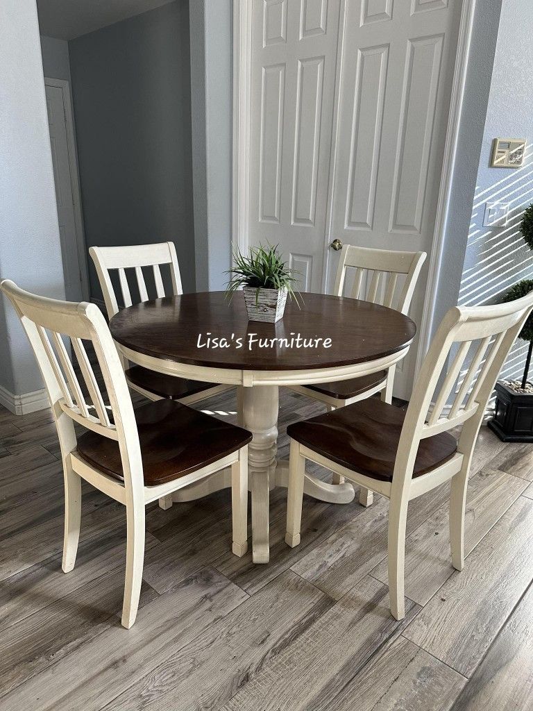Beautiful Round All Wood Two Tone Farmhouse Kitchen Table