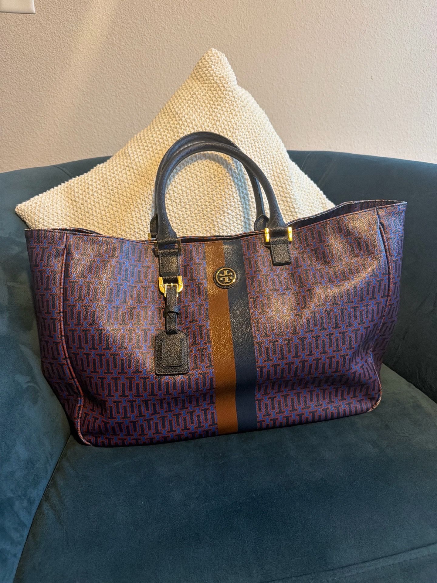 Tory Burch Gemini Link Tote Navy Brown Large Coated Canvas Shopper Bag