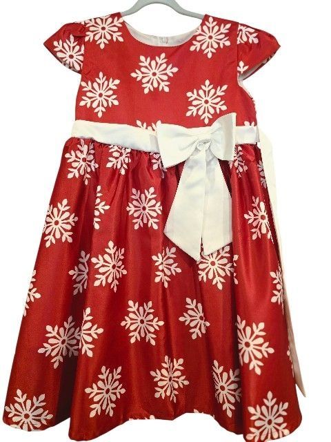 Girls Christmas Dress Snowflake Print Wedding Formal Birthday Party Dresses with Bowknot Belt