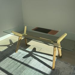 Strut Teak Glass Top Table 70" from Crate & Barrel