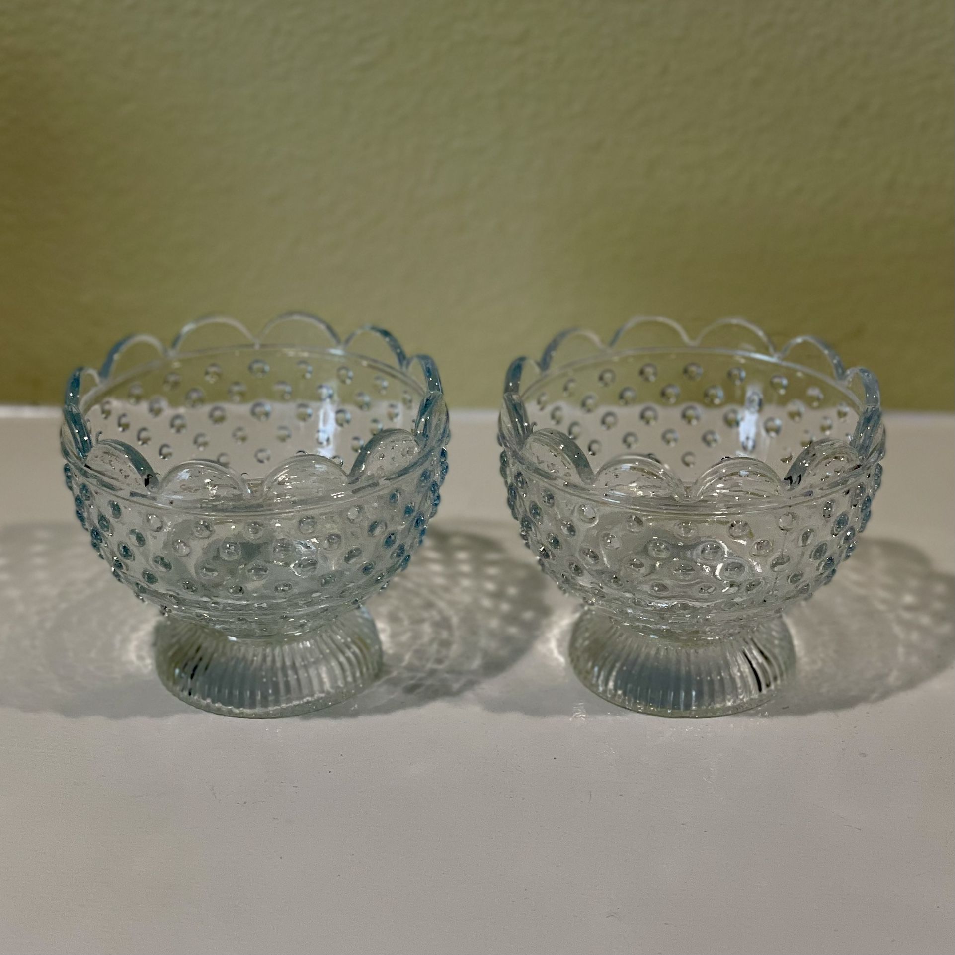 CLEAR HOBNAIL GLASS FOOTED BOWL SET OF 2