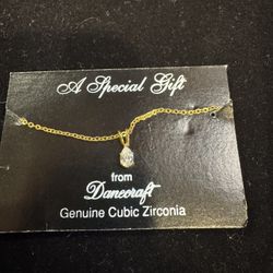 New Cubic Zirconia Teardrop Solitaire Pendant Necklace Goldtone 18" Danecraft