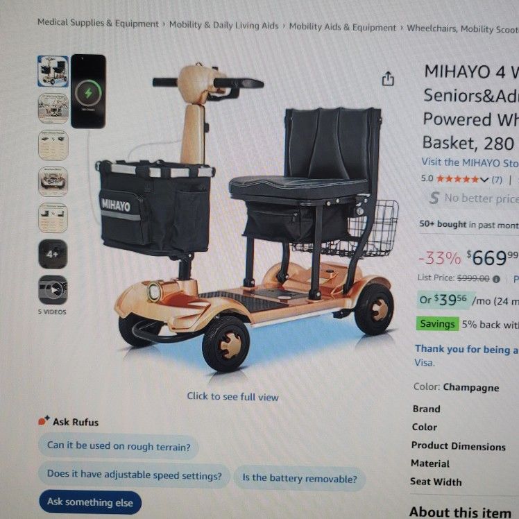 MIHAYO 4 Wheel Foldable Scooter, Lightweight Electric Powered, Two 10.4Ah (260WH) batteries