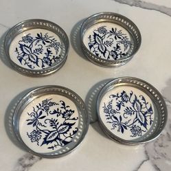 4 Vintage Coasters 1920s Blue Onion Pattern