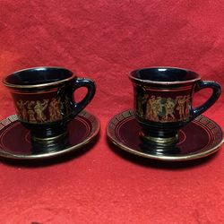 Set of 2 24k Black & Gold Handmade In Greece Imported From Greece Greek Cup/Plate Set