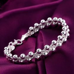 Charm 925 Sterling Silver Bracelets for Women Fine Braided beads Chain Fashion Wedding Party Christmas Gift High Quality Jewelry   Metal type: sterlin