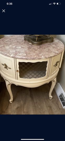 Antique Round End Table With Granite Top