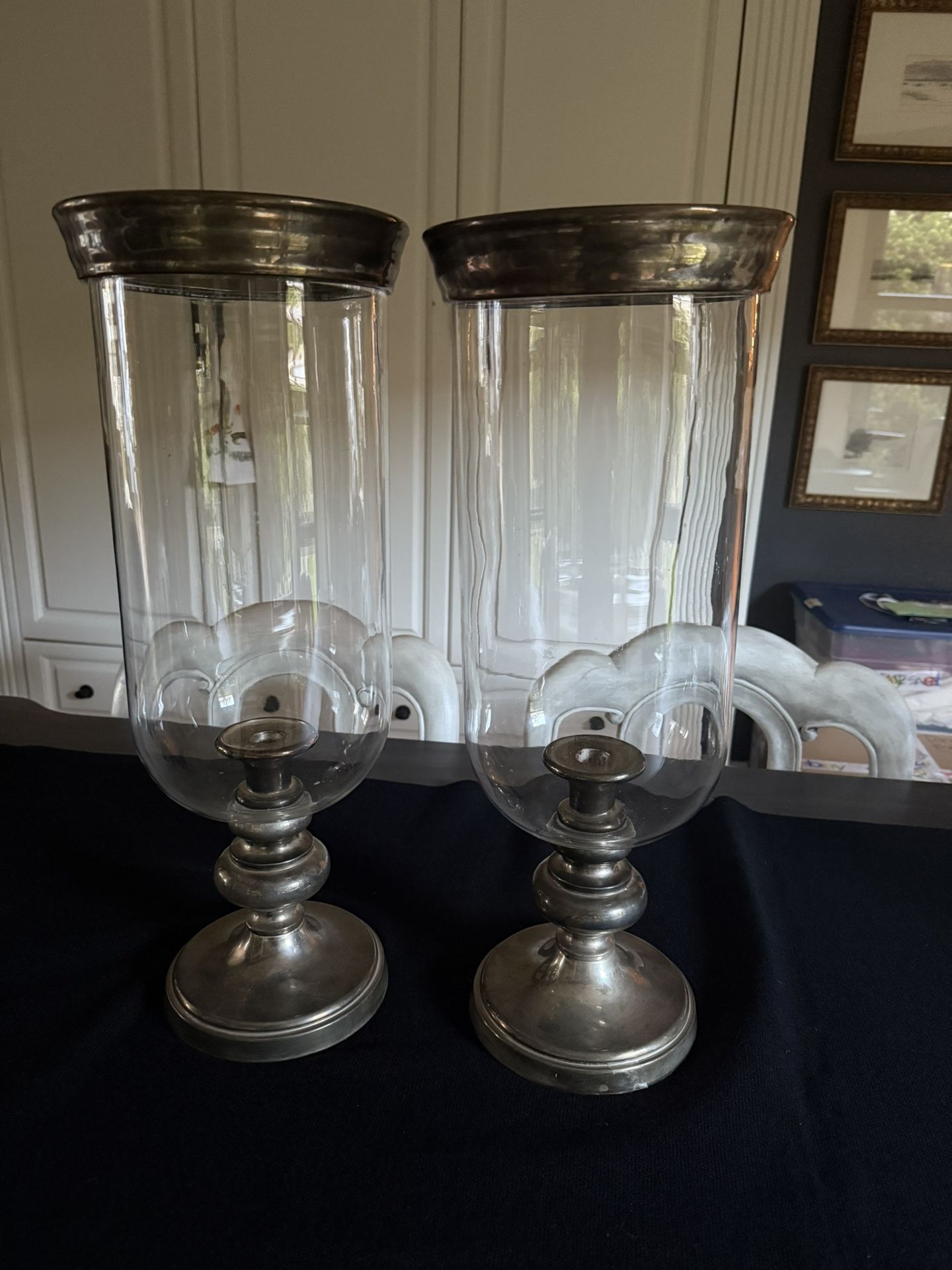 Extra Large Glass and Silver Hurricane Candle Holders/Vases