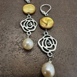 Elegant Gold Color and Silver Floral Drop Earrings