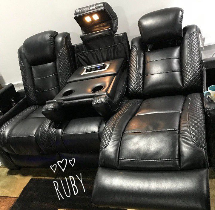 Brand New Black Leather Power Reclining Sofa | Reclining Loveseat Optional | Adjustable Headrest,USB Port ,LED Night, Comfort Sofa @ Sameday Delivery 