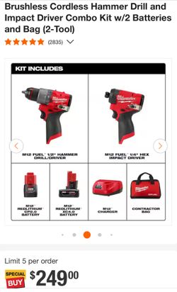 Milwaukee M12 FUEL 12-Volt Lithium-Ion Brushless Cordless Hammer Drill and Impact Driver Combo Kit w/2 Batteries and Bag (2-Tool)