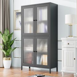 Classic Metal Storage Cabinet Display Cabinet with 4 Glass Doors 4 Shelves Cabinet  Bookcase Side Cabinet for Home Office Living Room Kitchen Hallway 