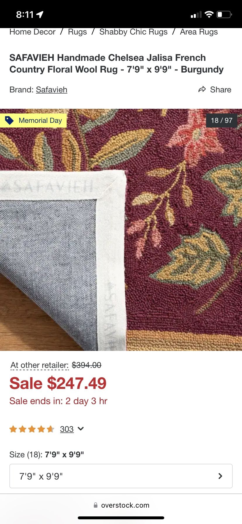 SAFAVIEH Handmade Chelsea Jalisa French Country Floral Wool Rug - 7'9" x 9'9" - Burgundy