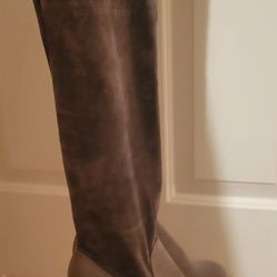 Brand New Gray Tight High Boot Size 8.5 . Adjustable Tie Top Heeled Booties Suede