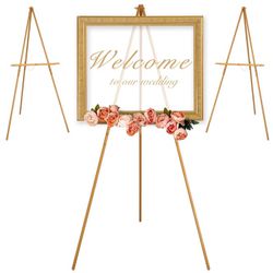63" Gold Wood Floor Tripod Display Easel Stand For Wedding, Event Signage 