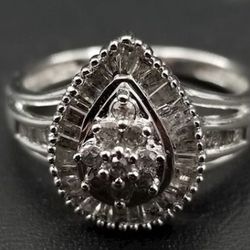 10 K Solid, White Gold And Natural Diamonds, Halo Cluster Ring
