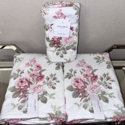 4-NWT LAURA ASHLEY QUATER PINK FLORAL TOWELS SET BUNDLE