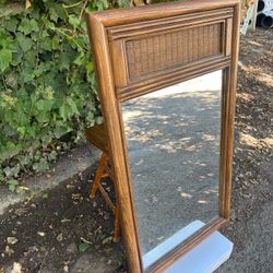 Wooden 80s Retro Vintage Wall Mounting Mirror Brown Wood Wicker Rattan Hanging