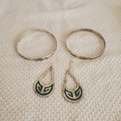2 STERLING SILVER BANGLES AND 1 PAIR STERLING SILVER EARRINGS WITH TURQUOISE  34 GMS STERLING SILVER 