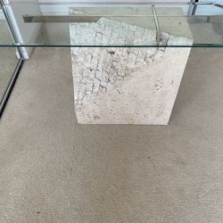 Unique Postmodern Tessellated and Faux Travertine Stone Sofa Table, glass top stone Maitland Smith style post modern console table