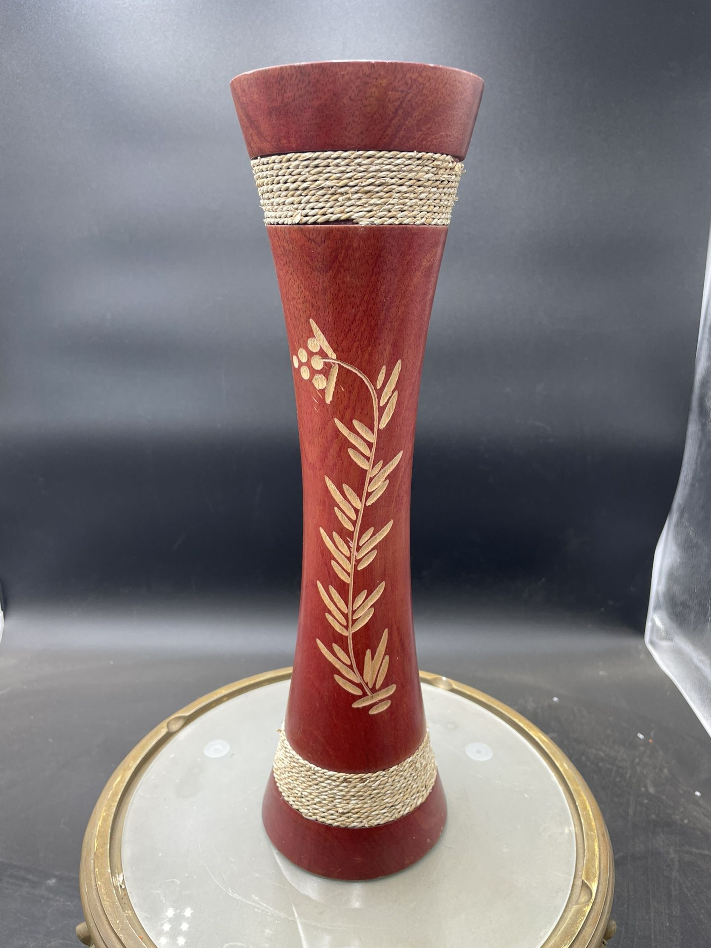 Vintage Hand Carved Flower Asian Mango Tree Wooden Cylinder Vase 14”