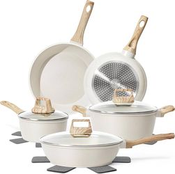 SODAY Pots and Pans Set Non Stick, 12Pcs White Granite Induction Cookware PFAS/PFOA/PFOS Free, Healthy Nonstick Kitchen Cookware Sets, Includes Fry Pa
