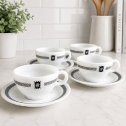 Pyrex Bradford House Milk Glass Cup Saucer Set of 4 Greek Key USA Vintage