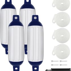 Boat Fenders 4 Pack, Ribbed Twin Eyes Vinyl Boat Fender Bumpers, Boat Bumpers for Docking, Come with Ropes Needles and Pump to Inflate