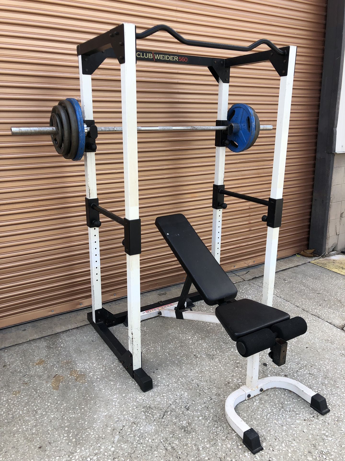FullHeavy Duty Squat / Power Rack w/ Adjustable Bench, 265 Lb Olympic Weight Set Complete Home Gym