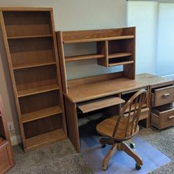 Solid Oak Desk Set, Chair,  Shelf Unit & File Cabinet