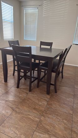 High Top Dining Table With Five Chairs And A Bench