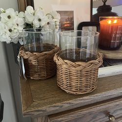 Wicker & Glass Candle Hurricane Set