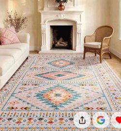 New 5x7 Boho area Rug. Pink/Blue tribal Aztec and Navajo-inspired geometric medallions. Machine Washable