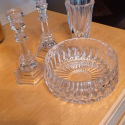 Crystal Bowl, Tiffany Candlesticks, and Vase
