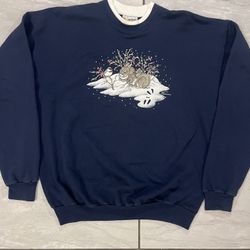 Vtg Morning Sun Bunnies Rabbits Sweatshirt Women's Blue Size Large Crewneck USA