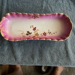 Vintage Limoges France Porcelain Tray Pink Floral Gold Gilt Mid Century