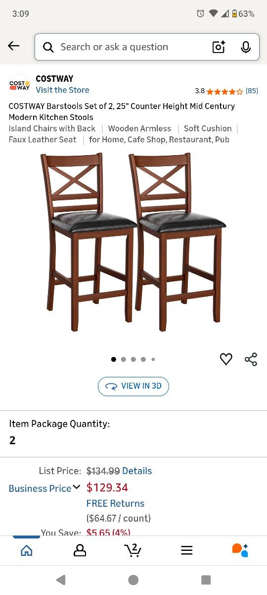 COSTWAY Barstools Set of 2, 25" Counter Height Mid Century Modern Kitchen Stools
Island Chairs with Back Wooden Armless Soft Cushion Faux Leather Seat