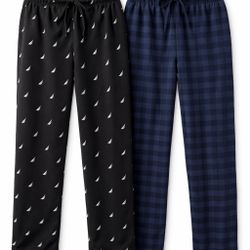 Nautica Men’s Fleece Sleep Pants 2-Pack Black Sailboat Navy Plaid Size M Pajamas
