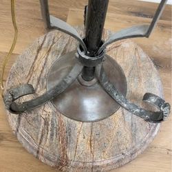 Vintage Wrought Iron Torchiere Floor Lamp – Stone Base, Amber Glass Shade