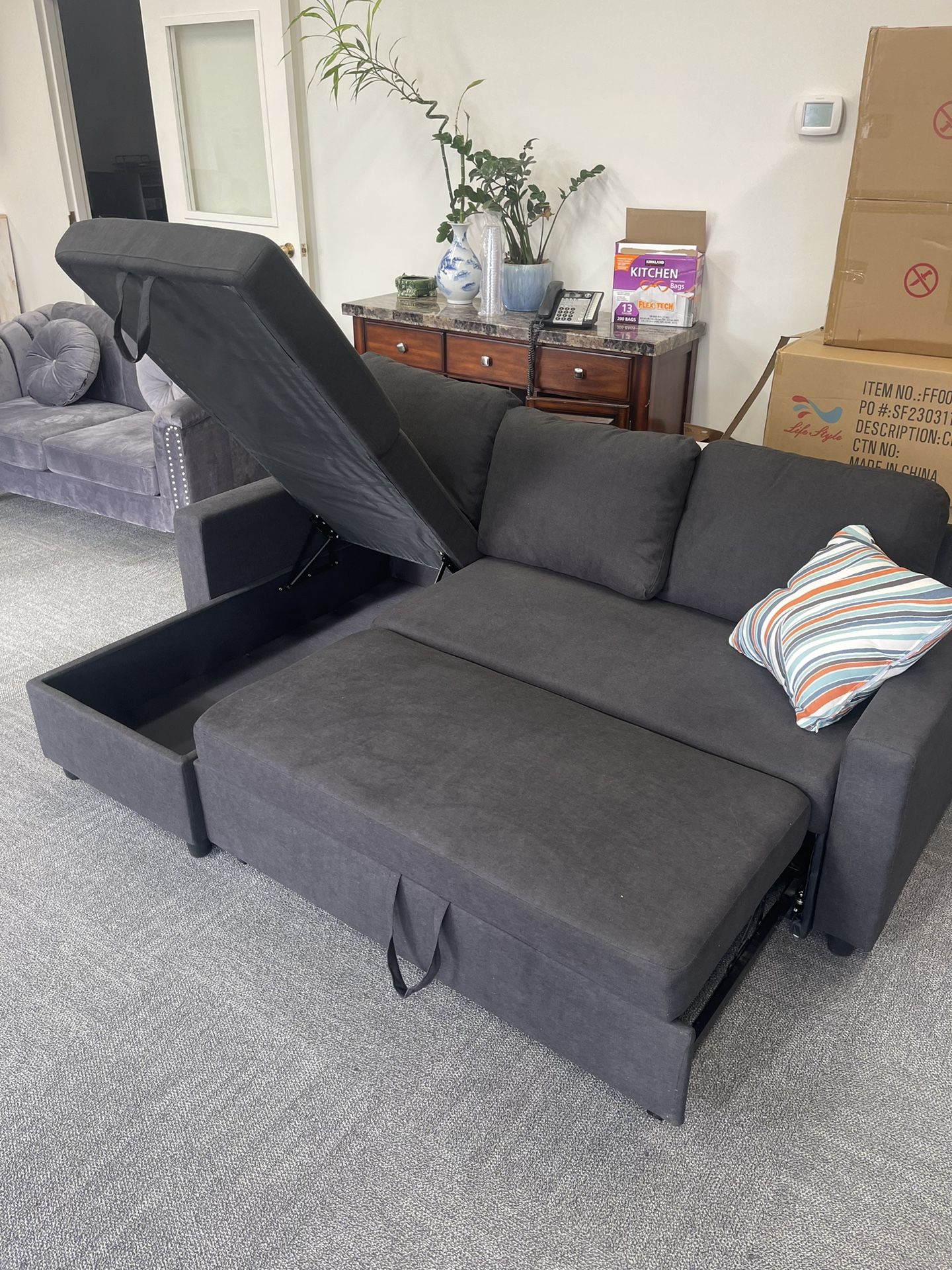 Charcoal Microfiber Sectional Sleeper Sofa Couch And Ottoman