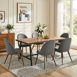 Homy Casa FORS + HAVEN 7PC Dining Set 63” Grey Fabric Chairs & Walnut Finish Table for Kitchen or Dining Room