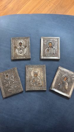 Antique Imperial Russian silver group of 5 stamped 1800’s icons 3.5”x2.75” very nice set very well made
