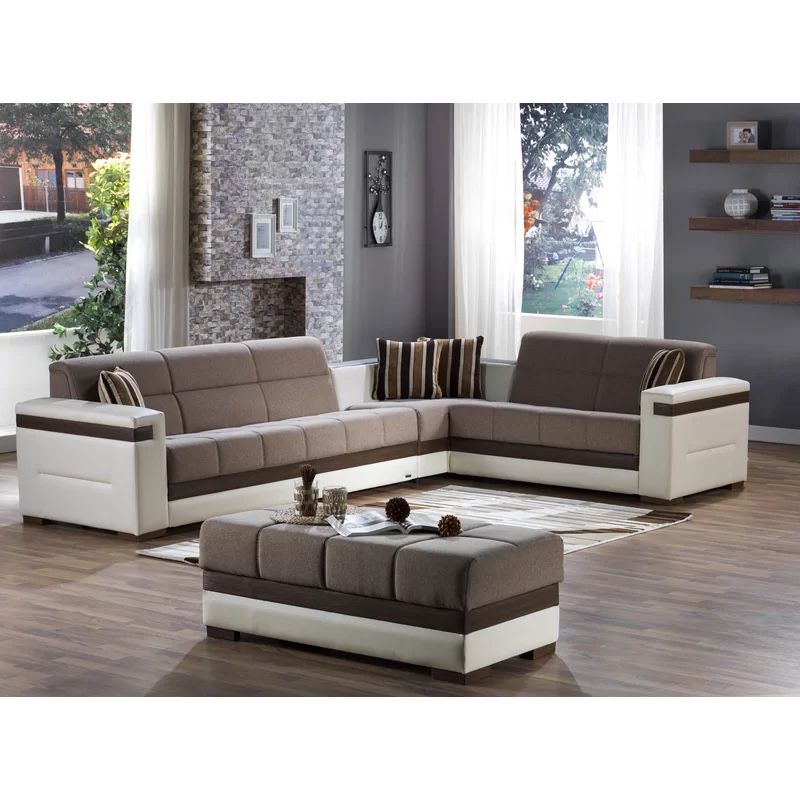 Modern Brown White Sectional Sofa Set With Ottoman Sl . Sofa Bed . Reclining Both Sofas With Storage    89” by 123”  With Chair And Free Matching Rug 