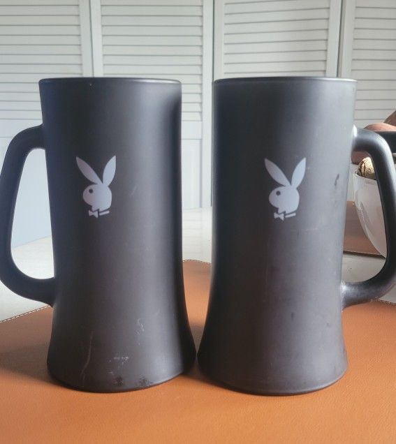 Vtg Playboy Bunny Matte Black Glass Beer  Mug  - Set of 2