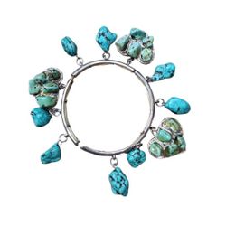Vintage Silver Toned Authentic Turquoise Hearts Dangles Stretch Bracelet
