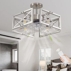 Ceiling Fans with Lights, Brushed Nickel Fandelier Ceiling Fan with Light and Remote, 20'' Modern Bladeless Chandelier Fan Flush Mount for Kitchen, Be