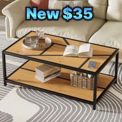 New Geometric Modern Coffee Table, Wood Coffee Tables for Living Room, 2-Tier Rectangular Small Coffee Table Black and Brown