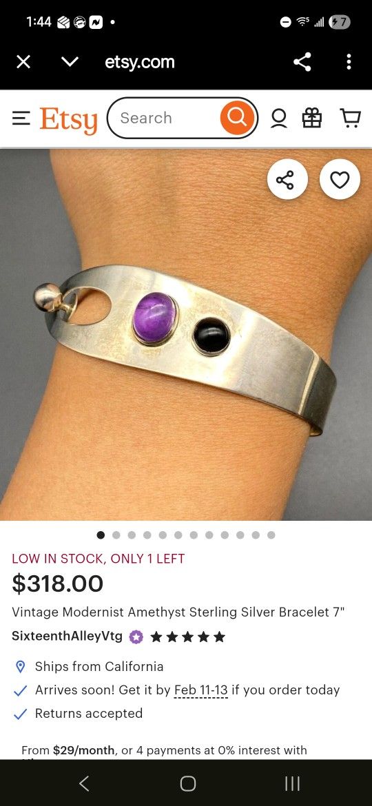 Vintage Modernist Amethyst Sterling Silver Bracelet 7"