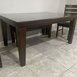 Solid Wood Table With Leaf And Glass Top. 4 Chairs And Bench 
