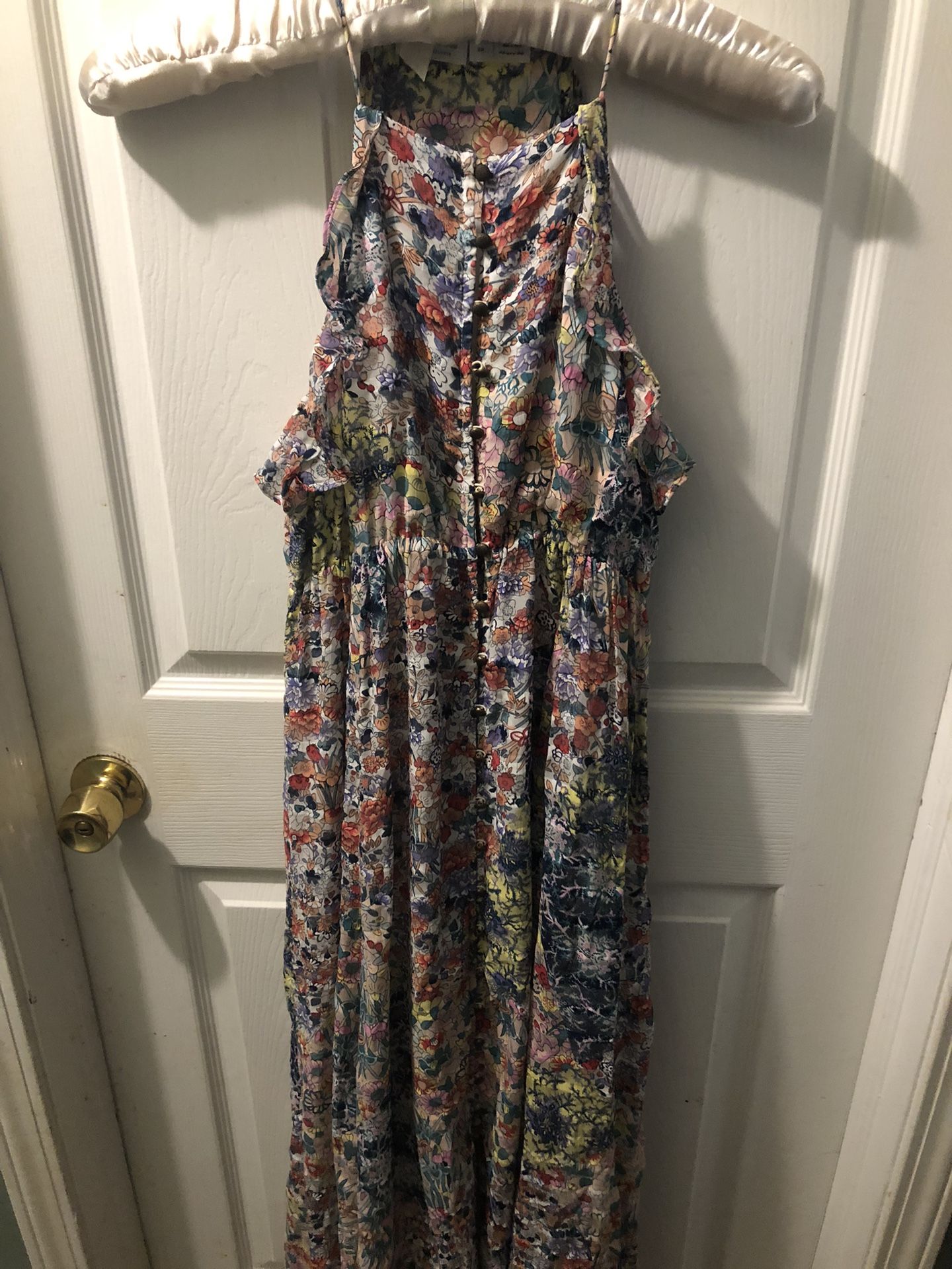 Anthropologie / Meadow Rue Allerton Maxi Floral Lined Full Length Dress / Decorative Buttons Great Condition 